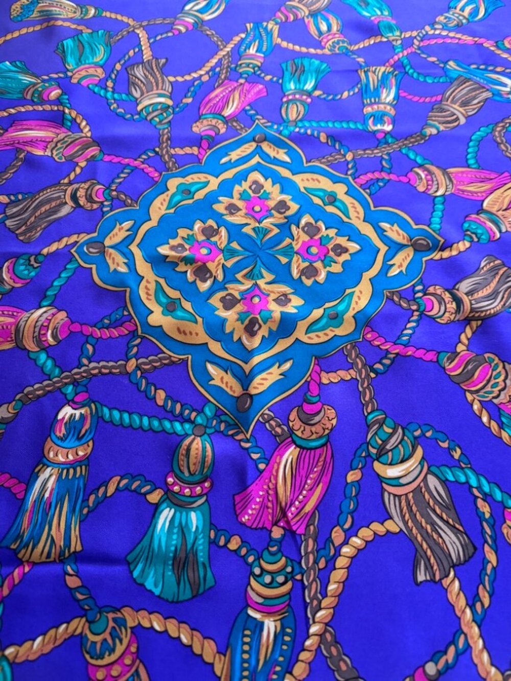 Silk Vibrant,Tassel Design-Inspired Statement Scarf, Purple,Teal,Pink,Gold - Picture 5 of 6